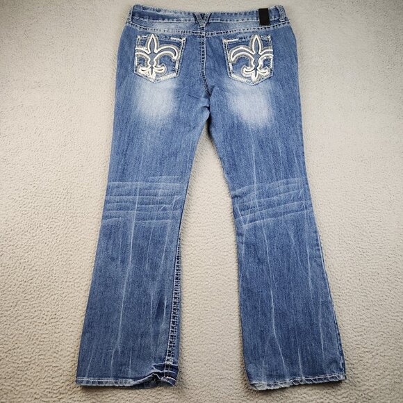 Y2K Vanity Jeans Womens 31x33 Blue Flared Low Rise Whiskered Fleur De Lis Pocket - Picture 2 of 12